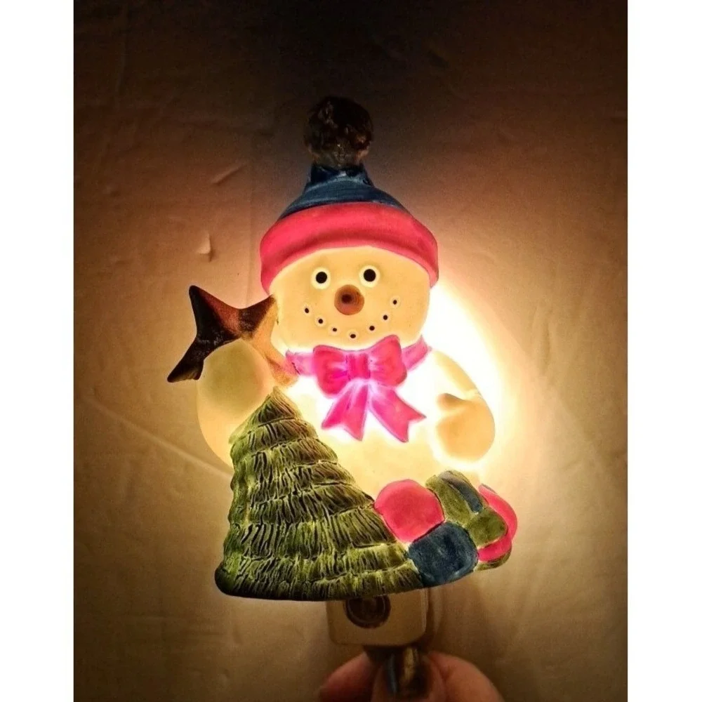 Snowman Head Tea Light Candle Holders Set of 2 w/Snowman Night Light Seasonal
